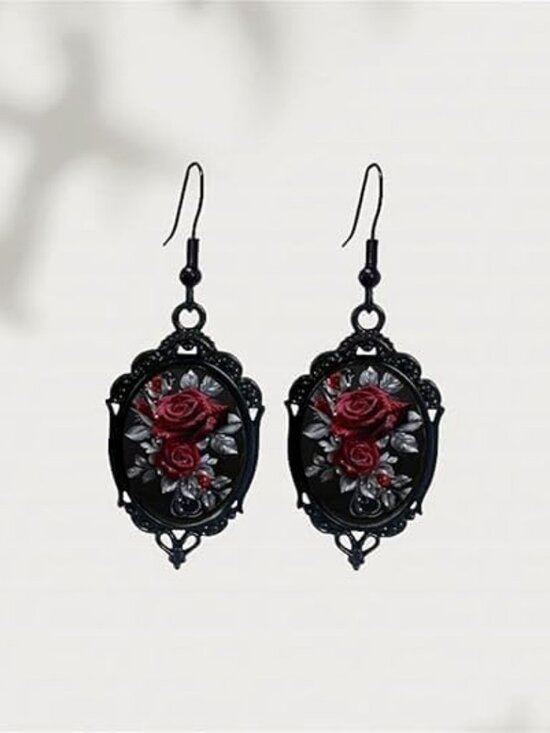 Jewelry - Women's Black Vintage Crystal Glass Flower Drop Dark Punk Style Rose Earring